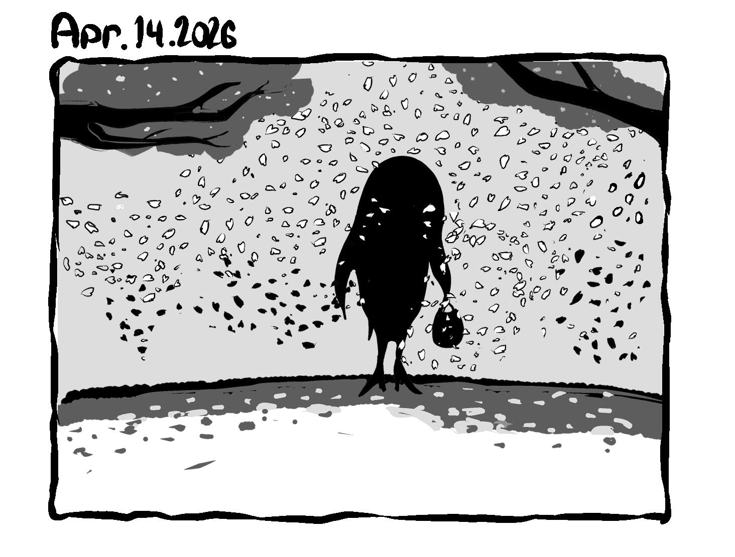a mysterious figure...cherry blossoms fall...--- Apr. 14. 2026. 1