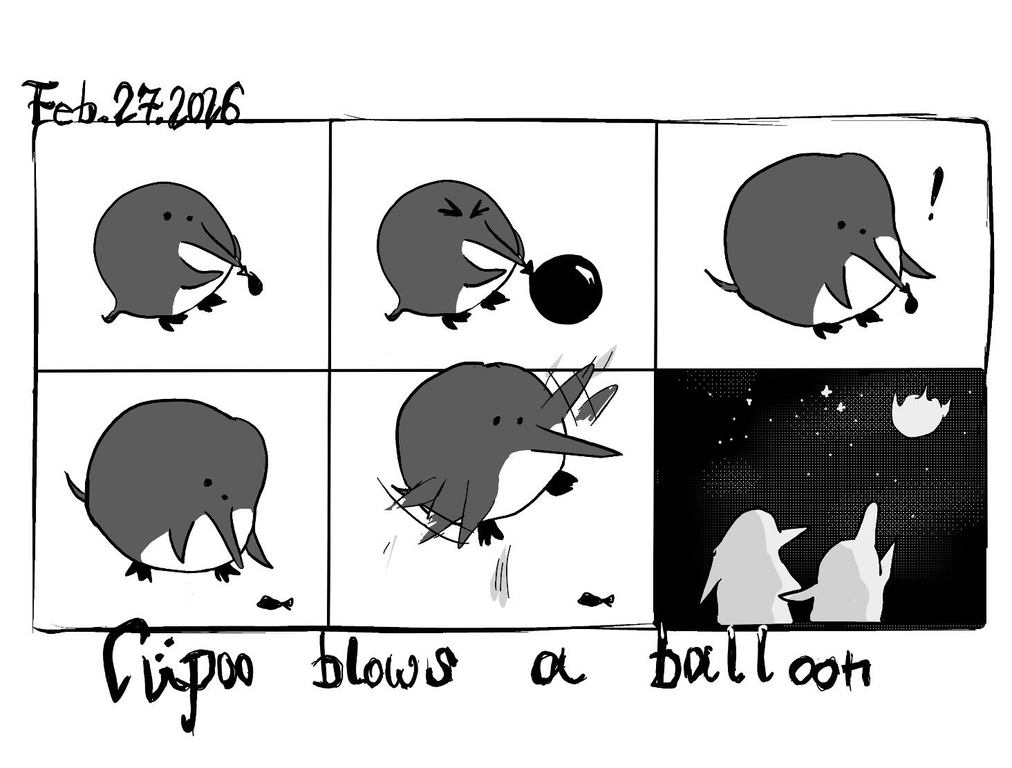 cupoo blows a balloon